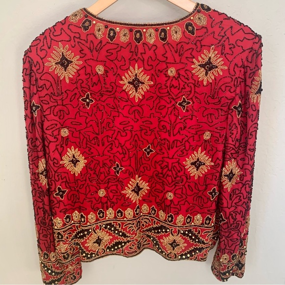Papell Boutique Evening Vintage 90’s Silk Beaded Jacket Embellished Red Gold 12 - Picture 15 of 16